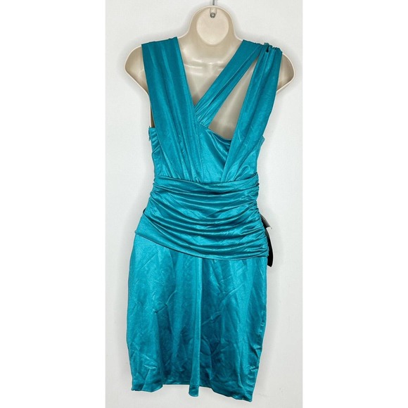 Bebe Womens Wrap And TWIST Glam Teal Shine Strappy DRESS SIZE Medium New - Picture 6 of 12